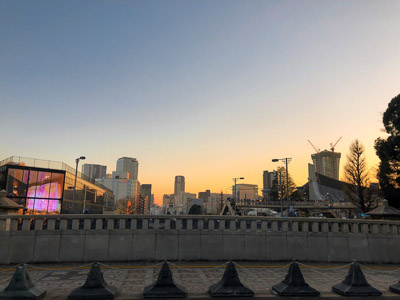 Cityscape sunset construction cranes
